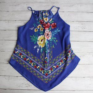 BCX Women's Sheer Boho Top Size M Blue Yellow Floral Handkerchief Blouse